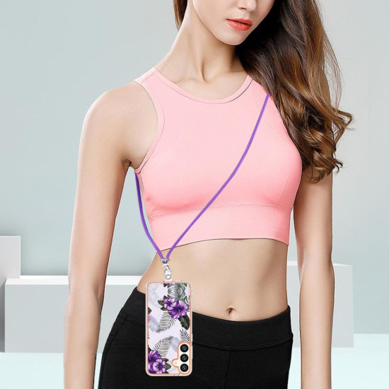 For Samsung Galaxy S24+ 5G Electroplating Pattern IMD TPU Shockproof Case with Neck Lanyard(Purple Flower)