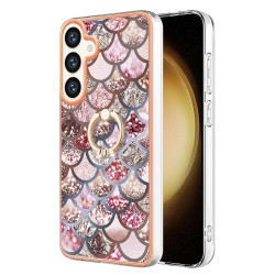 For Samsung Galaxy S24+ 5G Electroplating Pattern IMD TPU Shockproof Case with Rhinestone Ring Holder(Pink Scales)