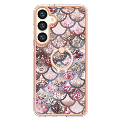 For Samsung Galaxy S24+ 5G Electroplating Pattern IMD TPU Shockproof Case with Rhinestone Ring Holder(Pink Scales)