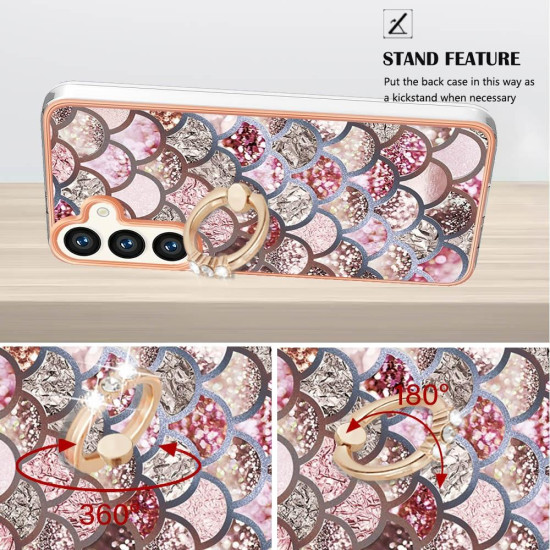 For Samsung Galaxy S24+ 5G Electroplating Pattern IMD TPU Shockproof Case with Rhinestone Ring Holder(Pink Scales)