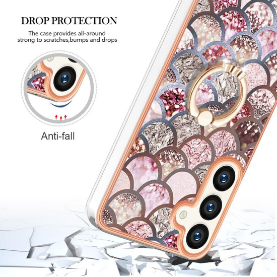 For Samsung Galaxy S24+ 5G Electroplating Pattern IMD TPU Shockproof Case with Rhinestone Ring Holder(Pink Scales)
