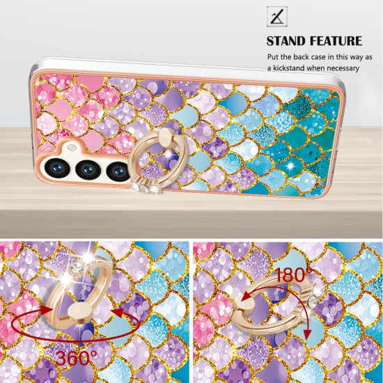 For Samsung Galaxy S24+ 5G Electroplating Pattern IMD TPU Shockproof Case with Rhinestone Ring Holder(Colorful Scales)