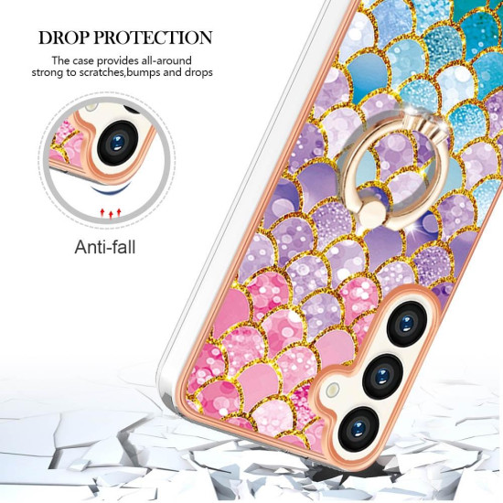 For Samsung Galaxy S24+ 5G Electroplating Pattern IMD TPU Shockproof Case with Rhinestone Ring Holder(Colorful Scales)
