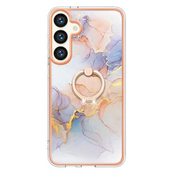 For Samsung Galaxy S24+ 5G Electroplating Pattern IMD TPU Shockproof Case with Rhinestone Ring Holder(Milky Way White Marble)