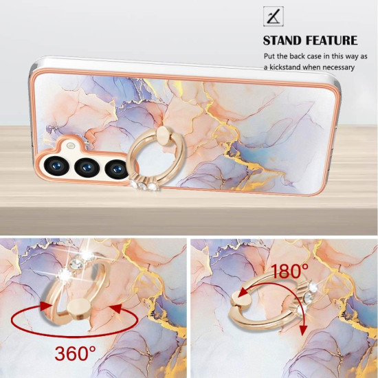 For Samsung Galaxy S24+ 5G Electroplating Pattern IMD TPU Shockproof Case with Rhinestone Ring Holder(Milky Way White Marble)