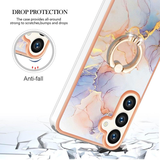 For Samsung Galaxy S24+ 5G Electroplating Pattern IMD TPU Shockproof Case with Rhinestone Ring Holder(Milky Way White Marble)