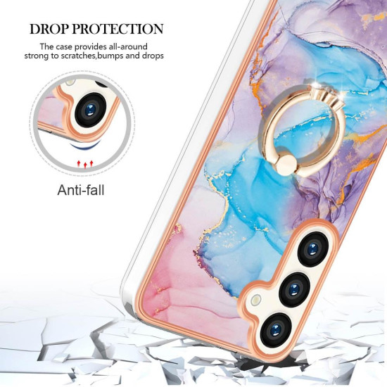 For Samsung Galaxy S24+ 5G Electroplating Pattern IMD TPU Shockproof Case with Rhinestone Ring Holder(Milky Way Blue Marble)