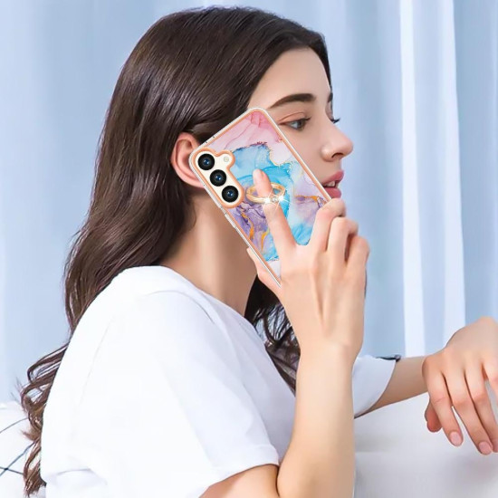 For Samsung Galaxy S24+ 5G Electroplating Pattern IMD TPU Shockproof Case with Rhinestone Ring Holder(Milky Way Blue Marble)