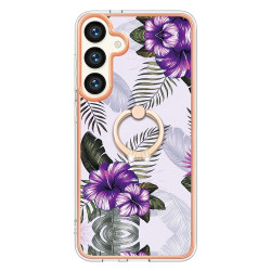 For Samsung Galaxy S24+ 5G Electroplating Pattern IMD TPU Shockproof Case with Rhinestone Ring Holder(Purple Flower)