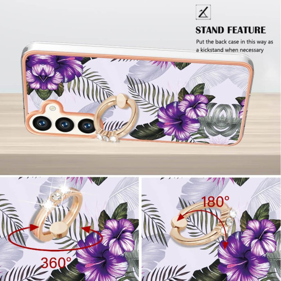 For Samsung Galaxy S24+ 5G Electroplating Pattern IMD TPU Shockproof Case with Rhinestone Ring Holder(Purple Flower)
