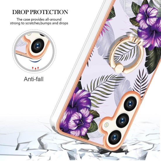 For Samsung Galaxy S24+ 5G Electroplating Pattern IMD TPU Shockproof Case with Rhinestone Ring Holder(Purple Flower)