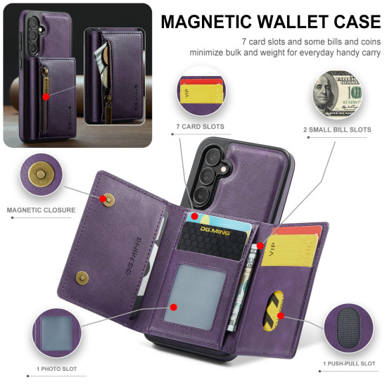 For Samsung Galaxy S24+ 5G DG.MING M5 Series Zip RFID Multi Card Detachable Leather Phone Case(Purple)