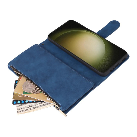 For Samsung Galaxy S24+ 5G Multifunctional Frosted Zipper Wallet Leather Phone Case(Blue)