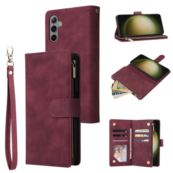 For Samsung Galaxy S24+ 5G Multifunctional Frosted Zipper Wallet Leather Phone Case(Wine Red)