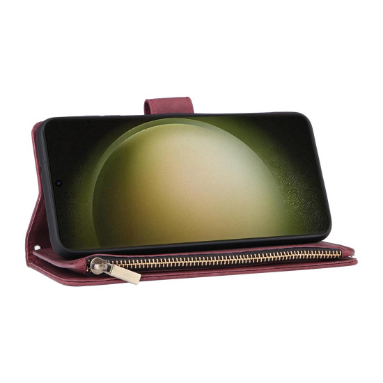 For Samsung Galaxy S24+ 5G Multifunctional Frosted Zipper Wallet Leather Phone Case(Wine Red)