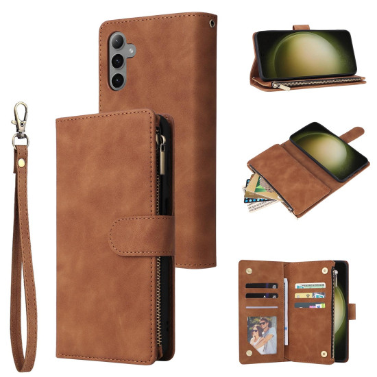 For Samsung Galaxy S24+ 5G Multifunctional Frosted Zipper Wallet Leather Phone Case(Brown)