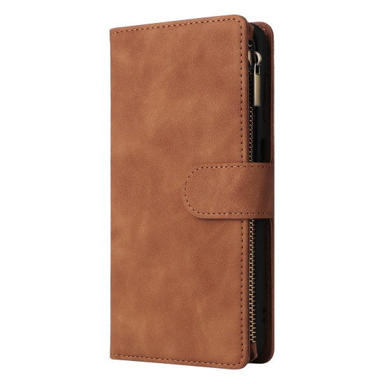 For Samsung Galaxy S24+ 5G Multifunctional Frosted Zipper Wallet Leather Phone Case(Brown)