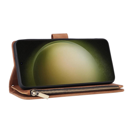 For Samsung Galaxy S24+ 5G Multifunctional Frosted Zipper Wallet Leather Phone Case(Brown)
