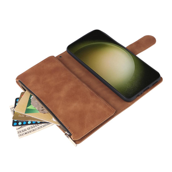 For Samsung Galaxy S24+ 5G Multifunctional Frosted Zipper Wallet Leather Phone Case(Brown)