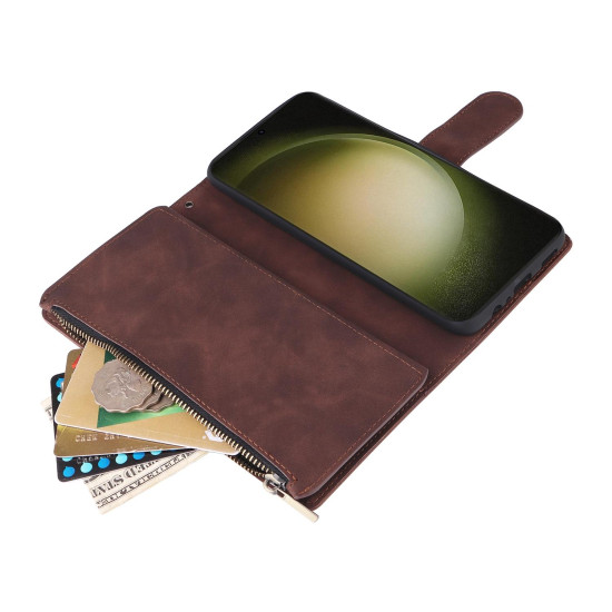 For Samsung Galaxy S24+ 5G Multifunctional Frosted Zipper Wallet Leather Phone Case(Coffee)