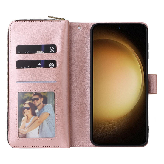 For Samsung Galaxy S24+ 5G 9-Card Slots Zipper Wallet Bag Leather Phone Case(Rose Gold)