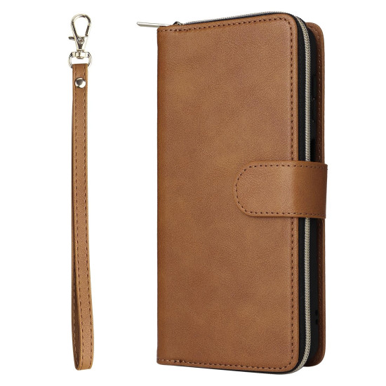 For Samsung Galaxy S24+ 5G 9-Card Slots Zipper Wallet Bag Leather Phone Case(Brown)