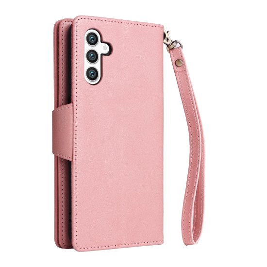 For Samsung Galaxy S24+ 5G Rivet Buckle 9 Cards 3-Fold Wallet Leather Phone Case(Rose Gold)