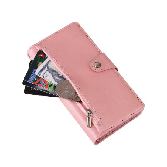 For Samsung Galaxy S24+ 5G Rivet Buckle 9 Cards 3-Fold Wallet Leather Phone Case(Rose Gold)