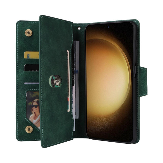 For Samsung Galaxy S24+ 5G Rivet Buckle 9 Cards 3-Fold Wallet Leather Phone Case(Green)