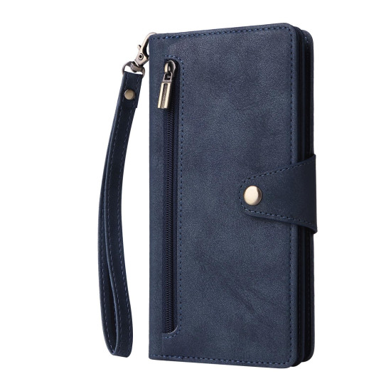 For Samsung Galaxy S24+ 5G Rivet Buckle 9 Cards 3-Fold Wallet Leather Phone Case(Blue)