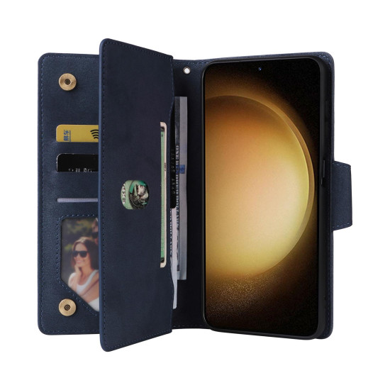 For Samsung Galaxy S24+ 5G Rivet Buckle 9 Cards 3-Fold Wallet Leather Phone Case(Blue)
