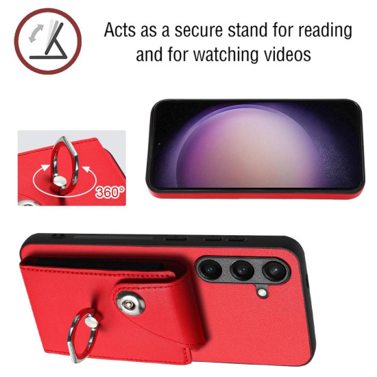 For Samsung Galaxy S24+ 5G Organ Card Bag Ring Holder PU Phone Case(Red)
