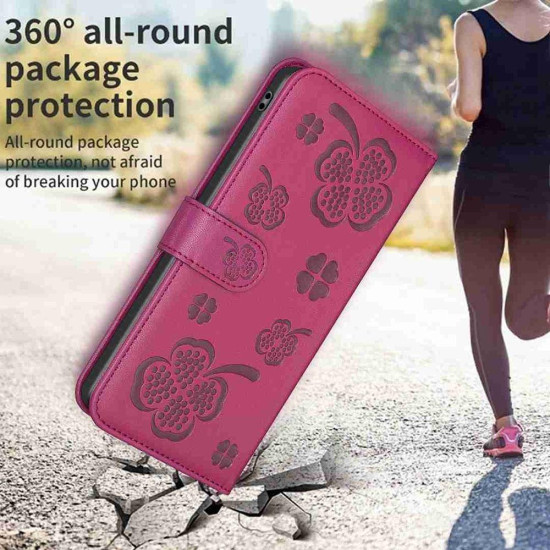 For Samsung Galaxy S24+ 5G Four-leaf Embossed Leather Phone Case(Rose Red)