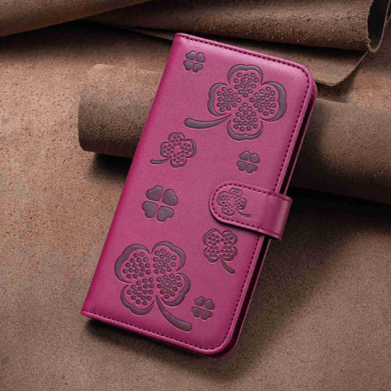 For Samsung Galaxy S24+ 5G Four-leaf Embossed Leather Phone Case(Rose Red)