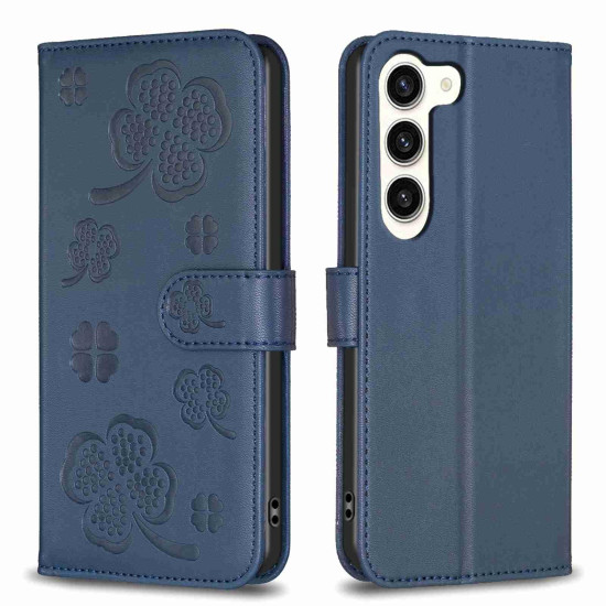 For Samsung Galaxy S24+ 5G Four-leaf Embossed Leather Phone Case(Blue)