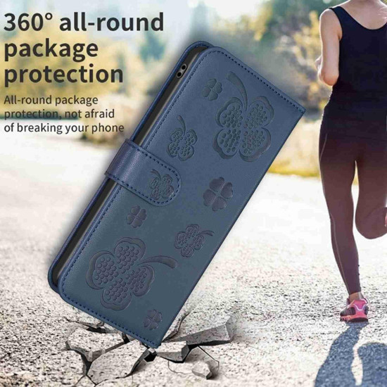 For Samsung Galaxy S24+ 5G Four-leaf Embossed Leather Phone Case(Blue)