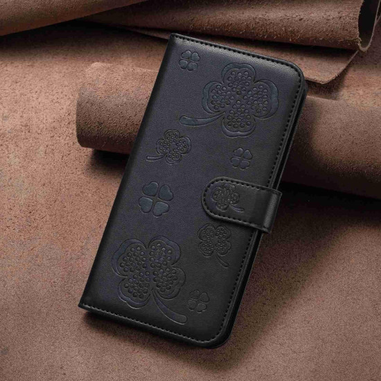 For Samsung Galaxy S24+ 5G Four-leaf Embossed Leather Phone Case(Black)