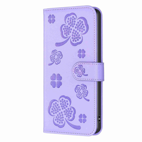 For Samsung Galaxy S24+ 5G Four-leaf Embossed Leather Phone Case(Purple)