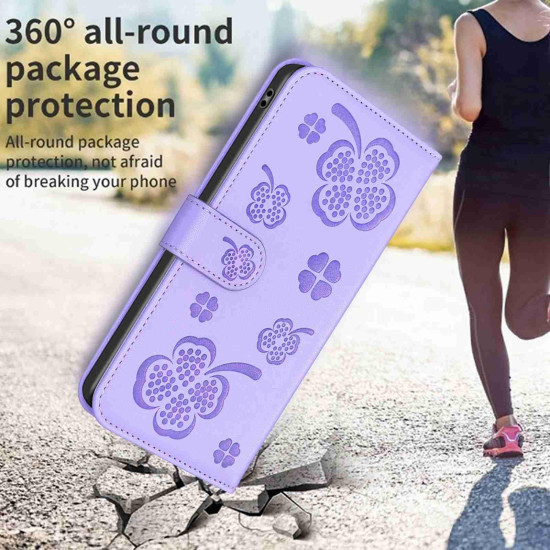 For Samsung Galaxy S24+ 5G Four-leaf Embossed Leather Phone Case(Purple)