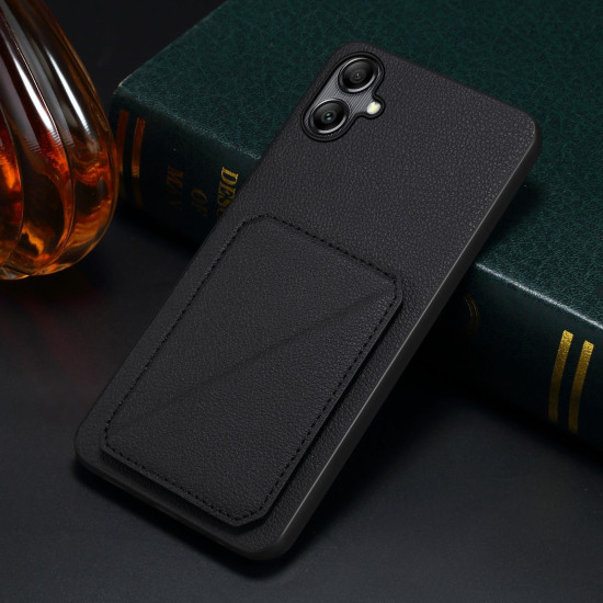 For Samsung Galaxy S23 5G Denior Imitation Calf Leather Back Phone Case with Holder(Black)