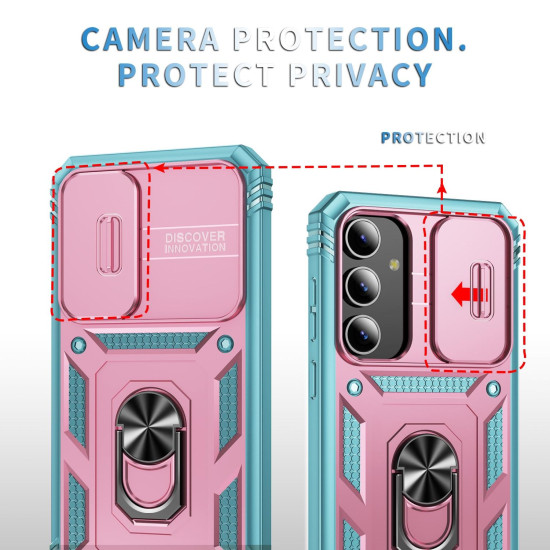 For Samsung Galaxy S24+ 5G Sliding Camshield TPU + PC Phone Case with Holder(Pink+Green)