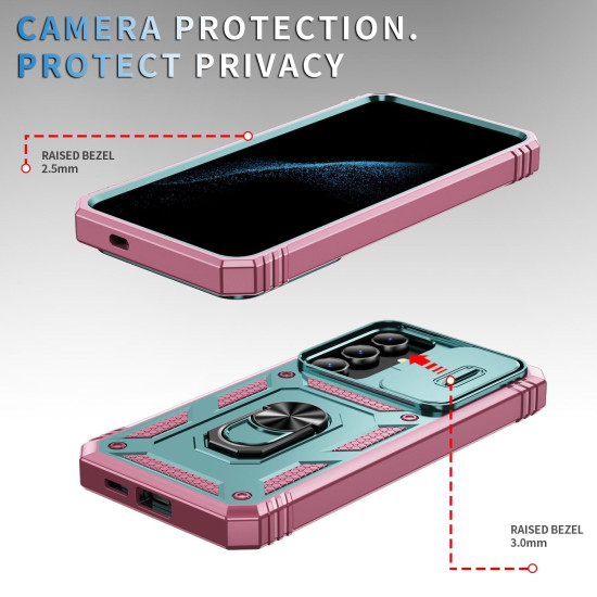 For Samsung Galaxy S24+ 5G Sliding Camshield TPU + PC Phone Case with Holder(Green+Pink)