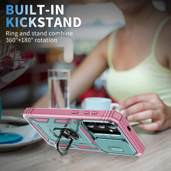 For Samsung Galaxy S24+ 5G Sliding Camshield TPU + PC Phone Case with Holder(Green+Pink)