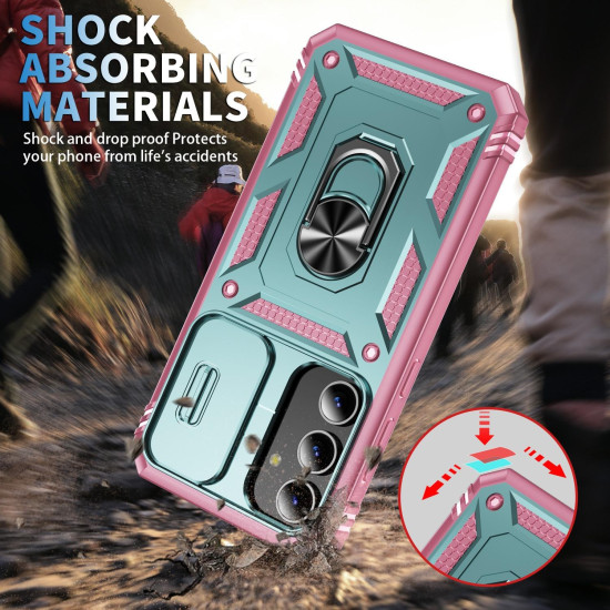 For Samsung Galaxy S24+ 5G Sliding Camshield TPU + PC Phone Case with Holder(Green+Pink)