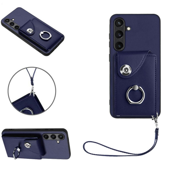 For Samsung Galaxy S24+ 5G Organ Card Bag Ring Holder PU Phone Case with Lanyard(Blue)