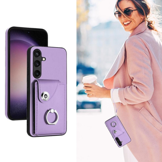 For Samsung Galaxy S24+ 5G Organ Card Bag Ring Holder PU Phone Case with Lanyard(Purple)