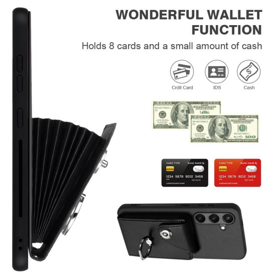 For Samsung Galaxy S24+ 5G Organ Card Bag Ring Holder PU Phone Case with Lanyard(Black)