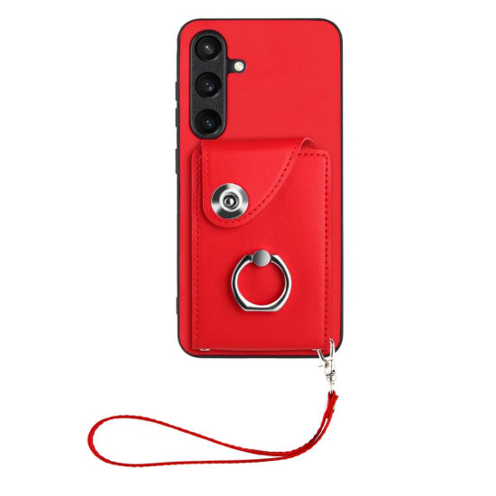 For Samsung Galaxy S24+ 5G Organ Card Bag Ring Holder PU Phone Case with Lanyard(Red)