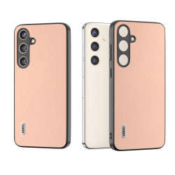 For Samsung Galaxy S24+ 5G ABEEL Genuine Leather + PC Litchi Texture Phone Case(Pink Gold)