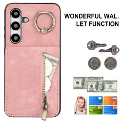 For Samsung Galaxy S24+ 5G Retro Ring and Zipper RFID Card Slot Phone Case(Pink)